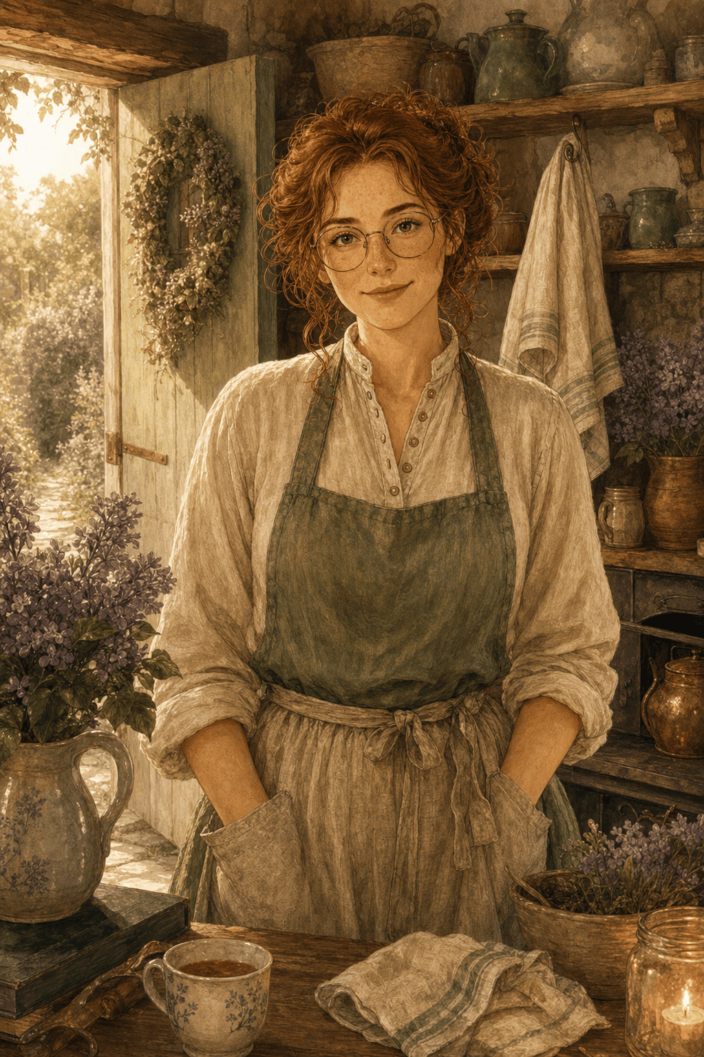 An illustrated portrait of Ada Linfield looking warmly at the reader from her cottage kitchen.