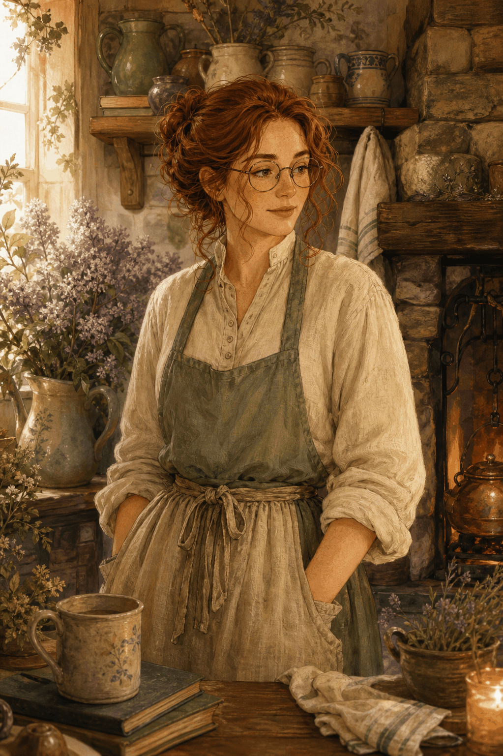 An illustrated portrait of Ada Linfield in her warm cottage kitchen.