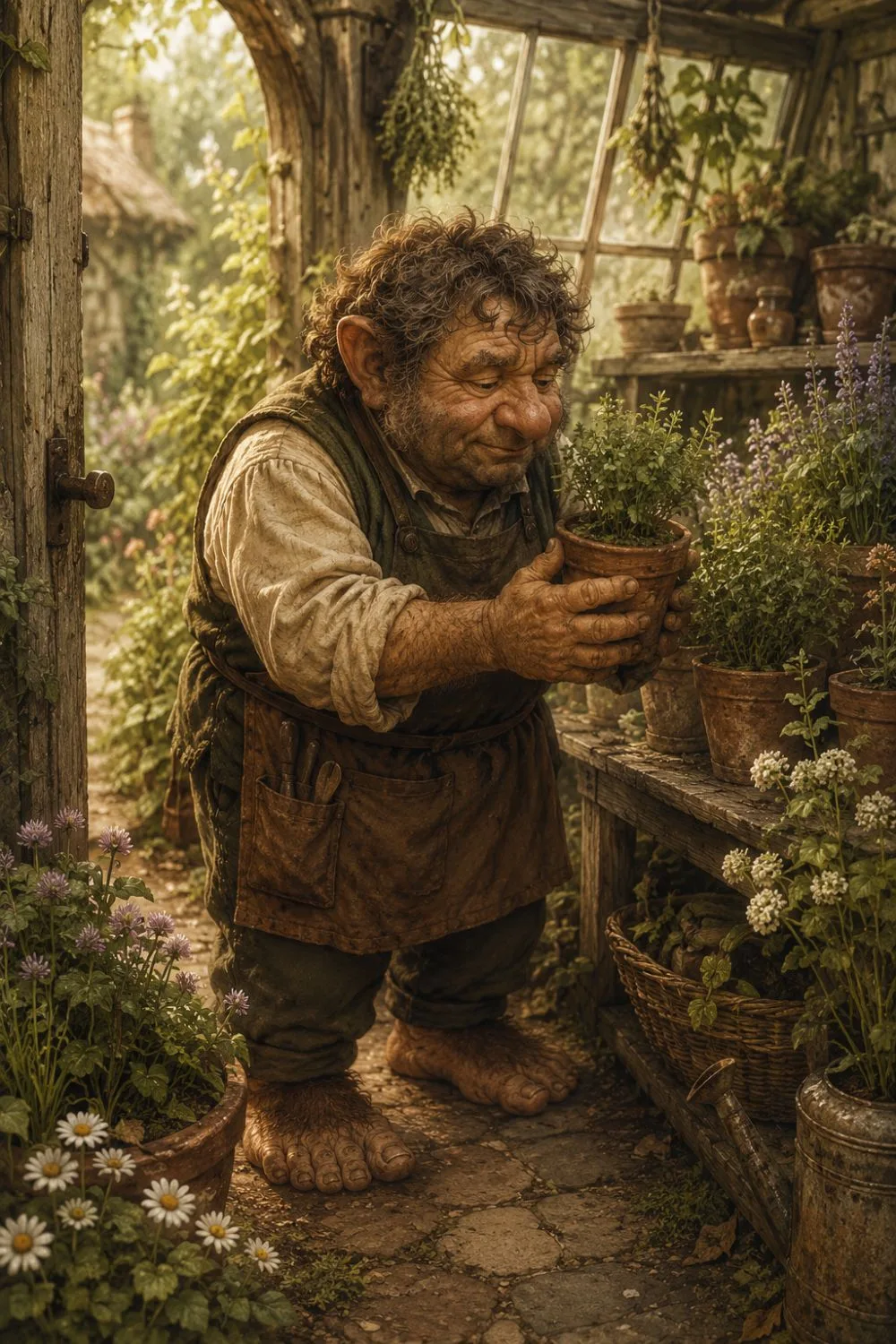 A small, weathered hob in a greenhouse doorway, cradling a young herb pot with careful hands.
