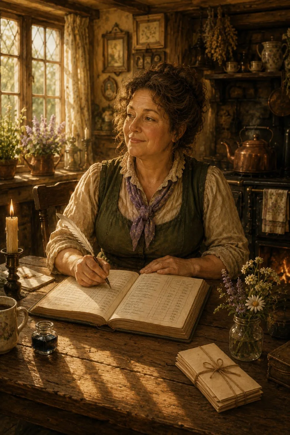 A calm, capable woman at a high table in a warm inn common room, a green account-book open before her.