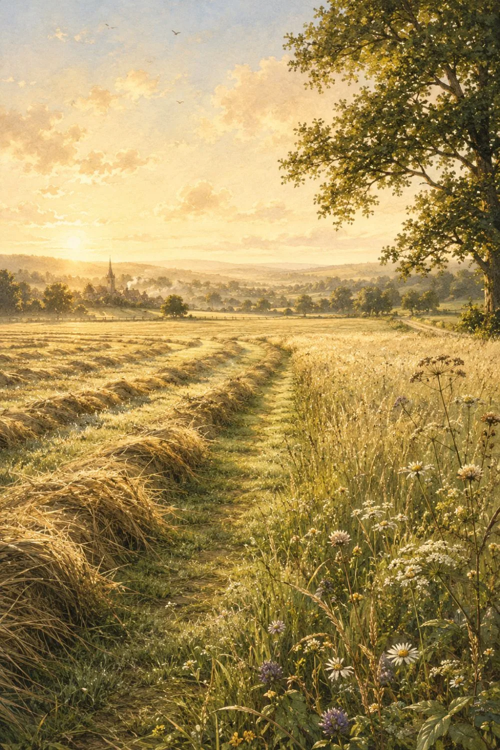 A wide summer hay meadow, half-mown into golden windrows, dew glittering in low light.