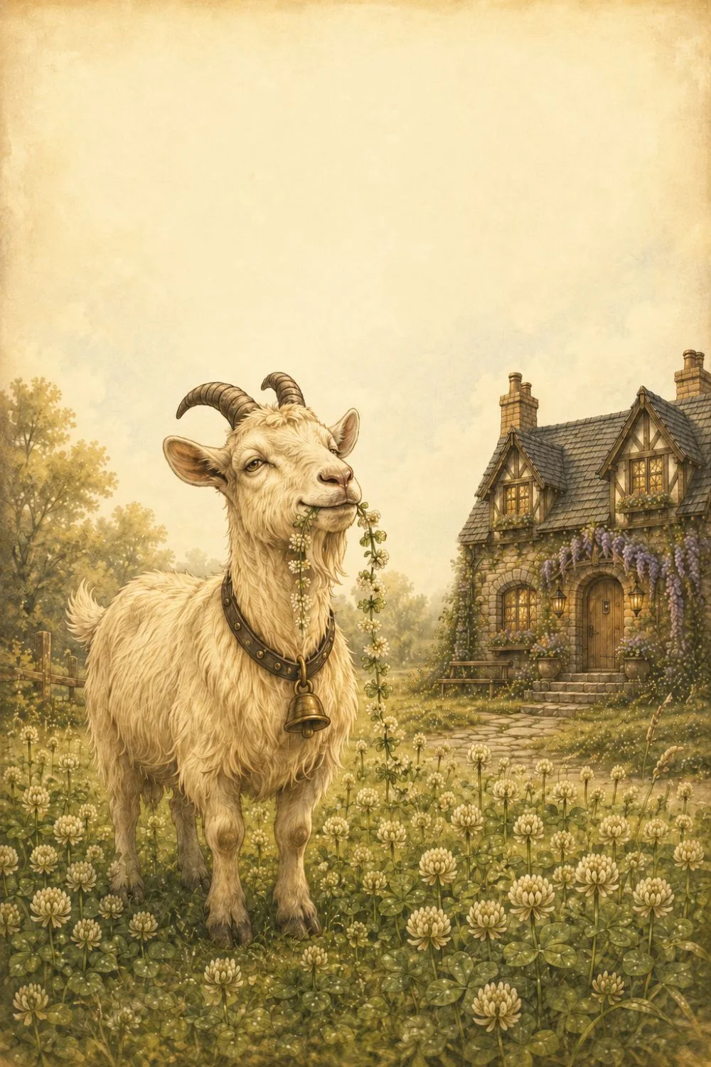 A self-satisfied goat in a patch of clover, chewing, entirely unbothered.