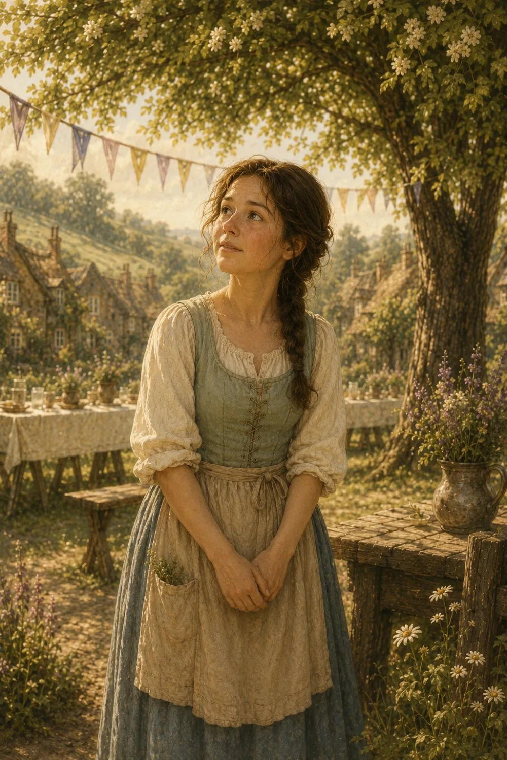 An anxious but earnest young woman standing on a summer village green, hands at her sides.