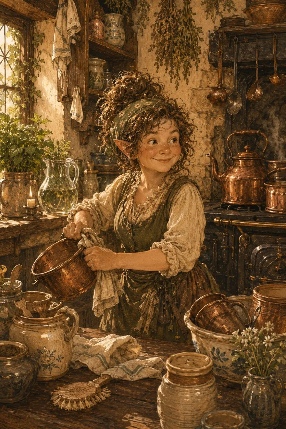 A small, bright kitchen-sprite among gleaming pans and crocks in a warm inn kitchen.
