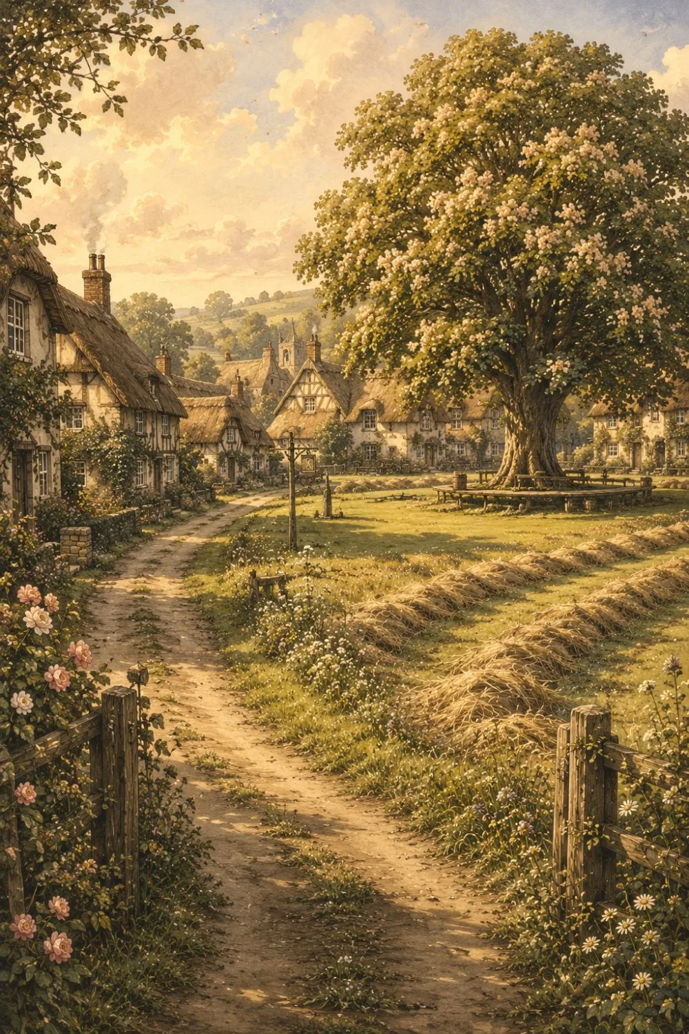 A small summer village beside a half-mown hay meadow, cottages and a great flowering tree on the green.