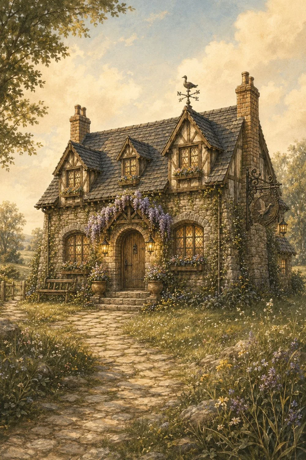 A small enchanted inn with a carved goose sign over the door, warmly lit on a quiet country lane.
