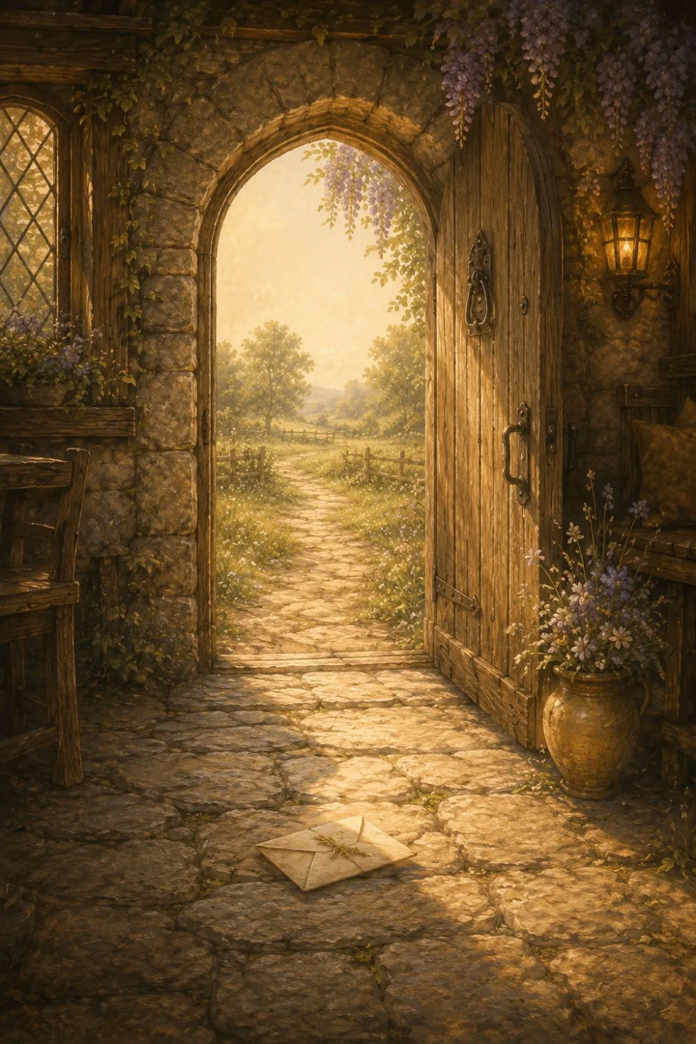 A folded letter sealed with a stem of hay, lying on a flagstone floor just inside an inn door.