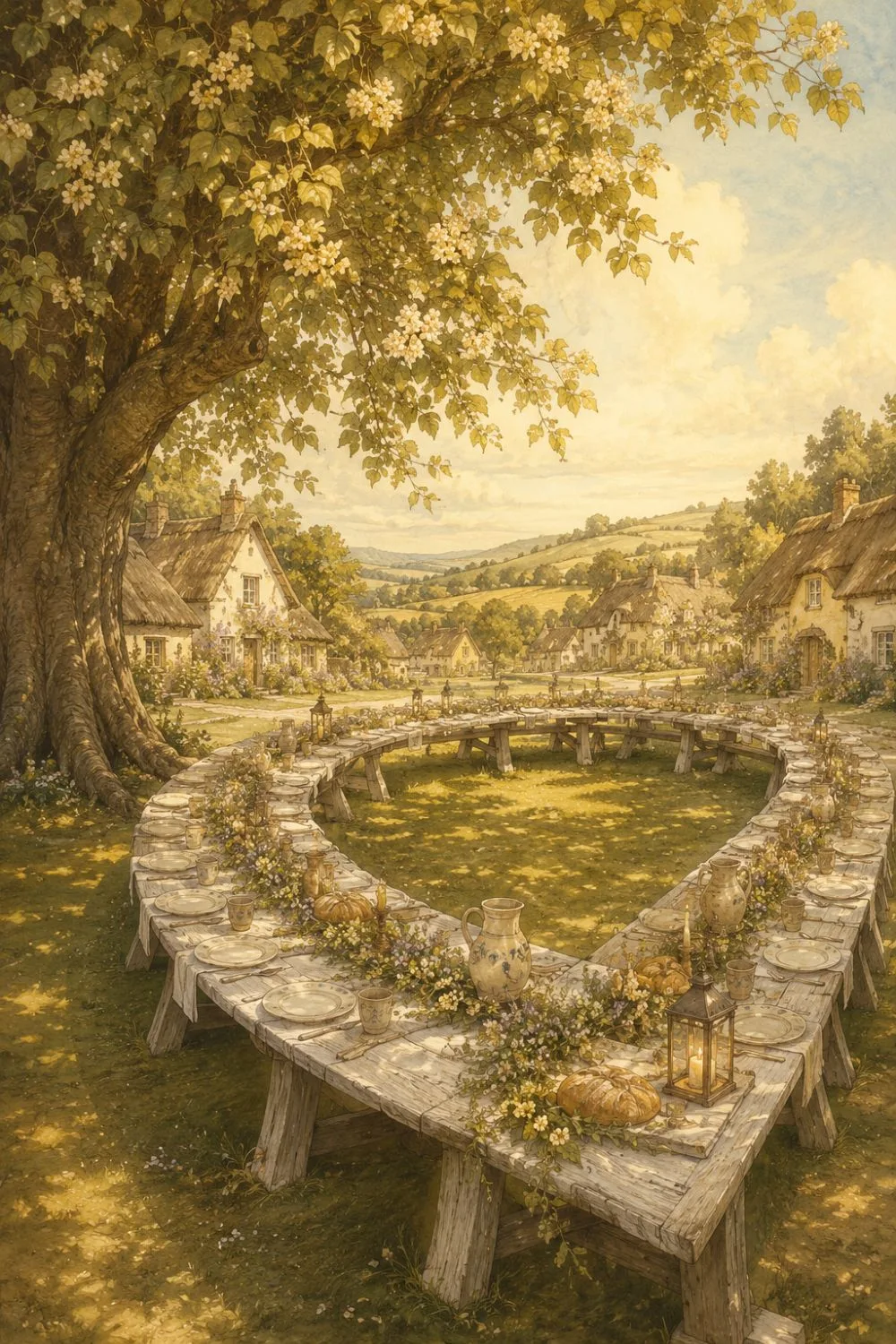 A long weathered trestle table on a village green, bent into a ring facing a great flowering tree.