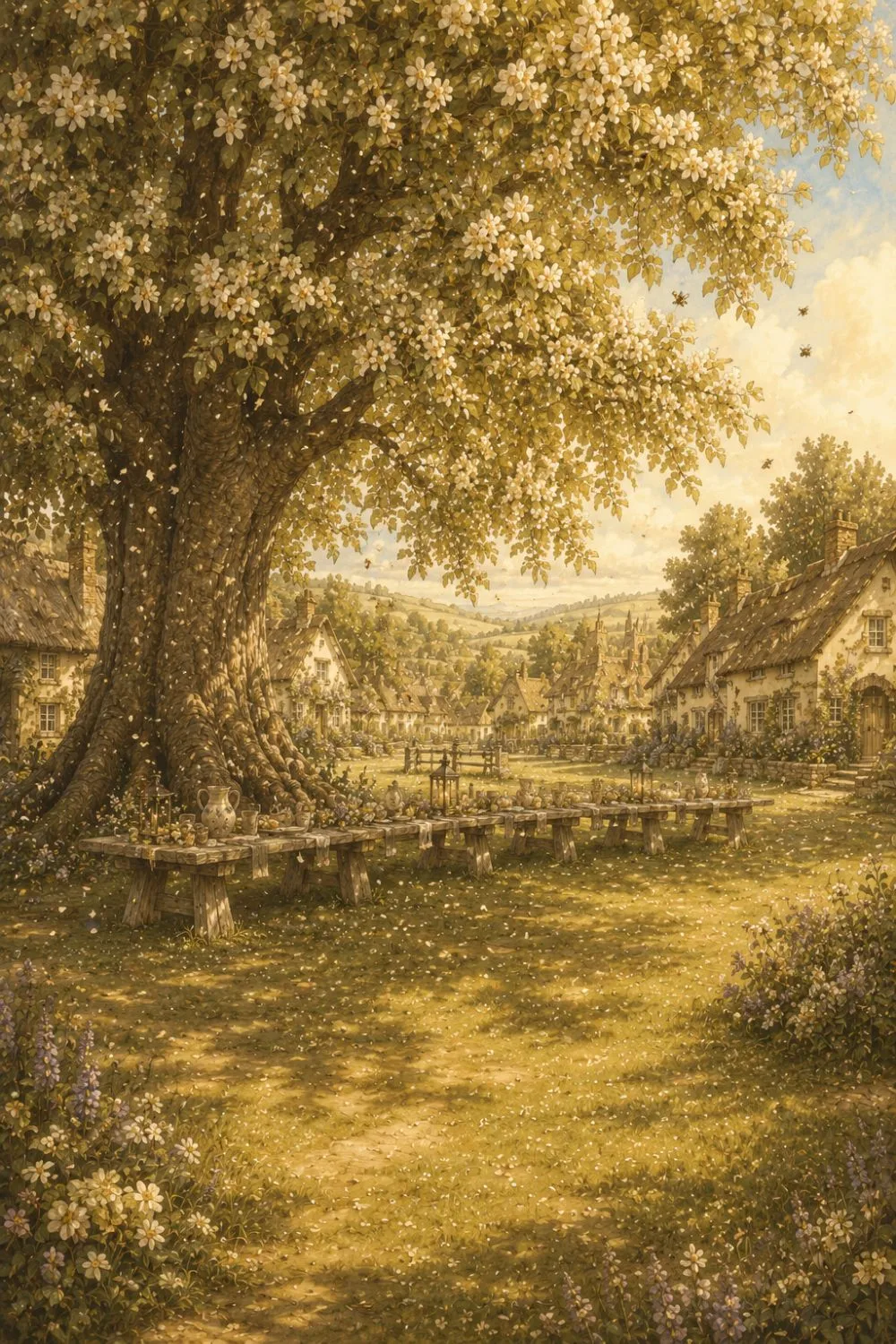 An enormous linden tree in full pale bloom over a village green, a long trestle table beneath it.