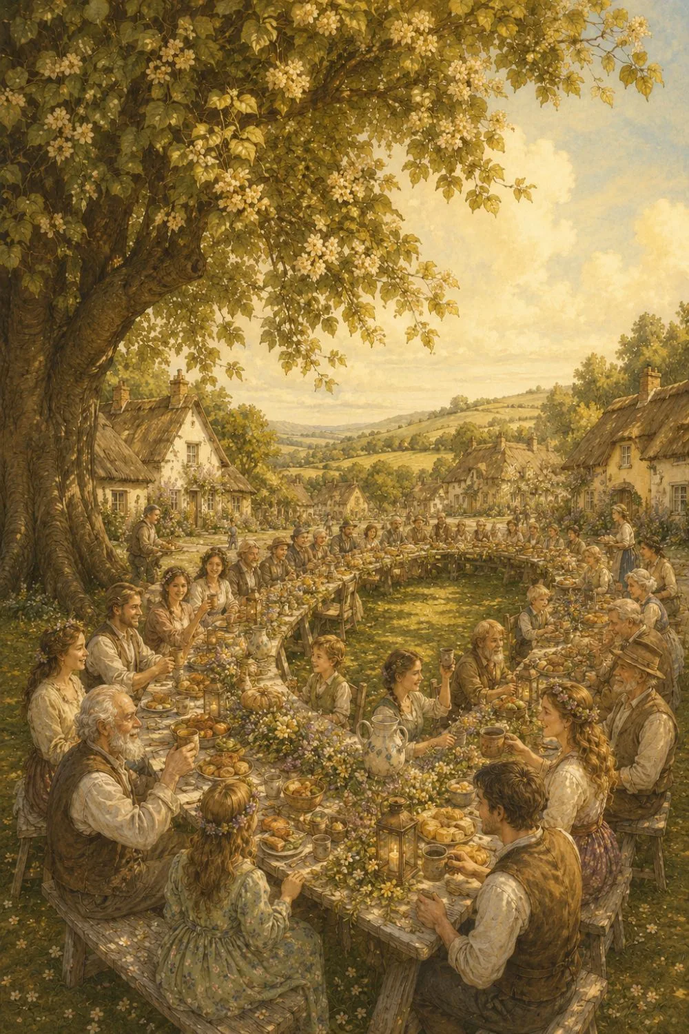 A whole village feasting at one long table on a village green in low golden midsummer light.