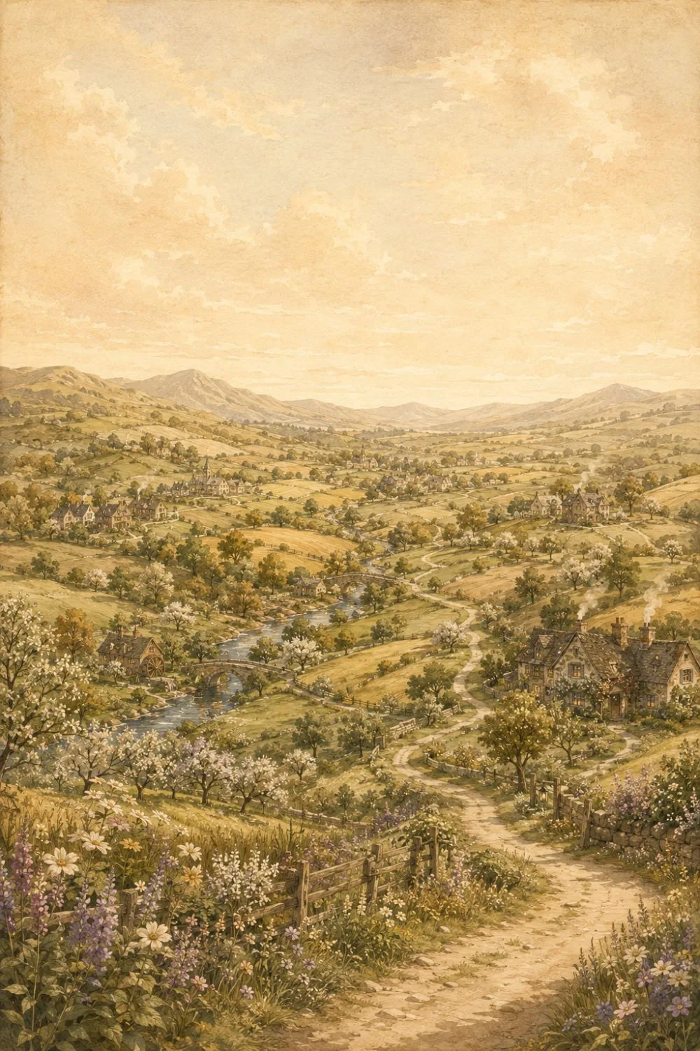 A patchwork countryside of meadows, villages, and winding roads under a wide golden sky.
