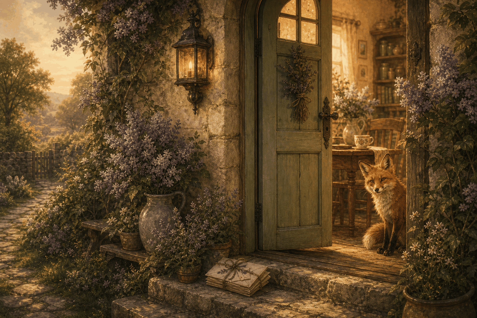 A warm cottage doorway with lilacs, letters on the step, and Nettle nearby.