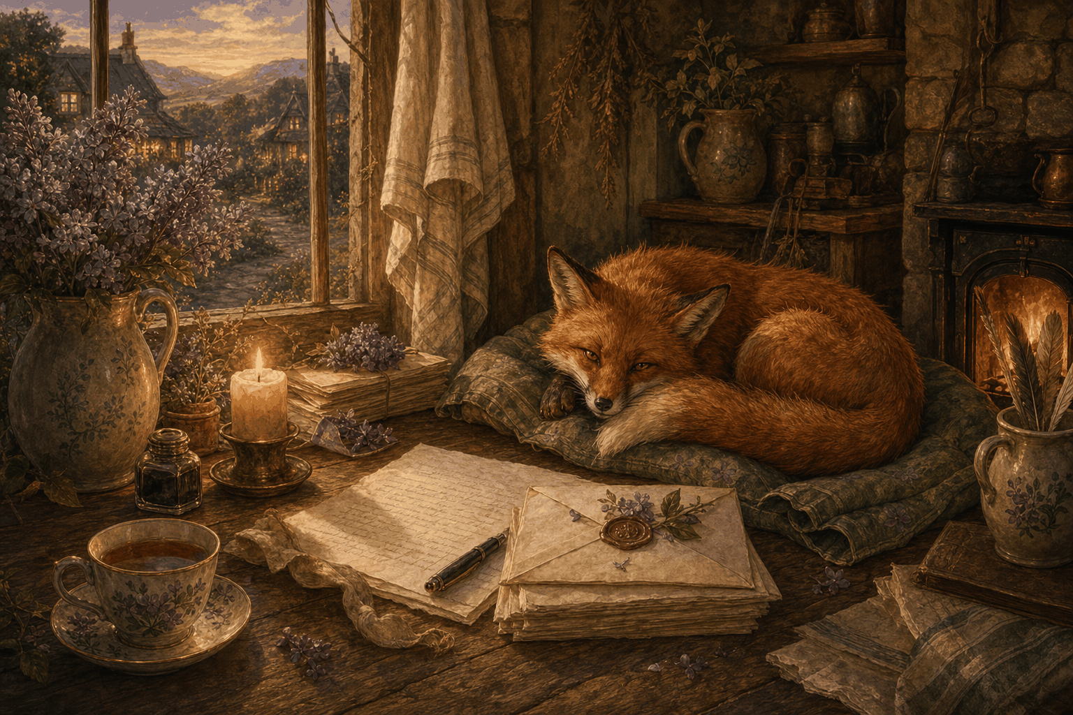 A cozy writing table with letters, lilacs, tea, and Nettle resting nearby.