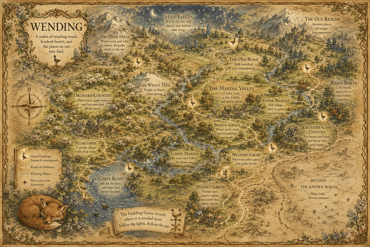 Illustrated map of Wending with villages, rivers, roads, orchards, star fields, hills, and the routes of the Gadding Goose.